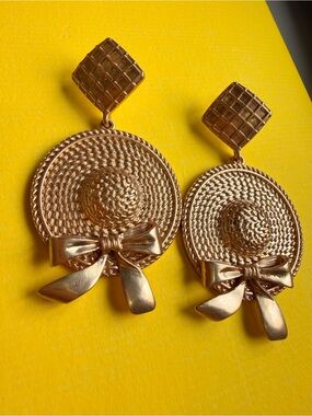 Gold Straw Hat Bow Drop Earrings